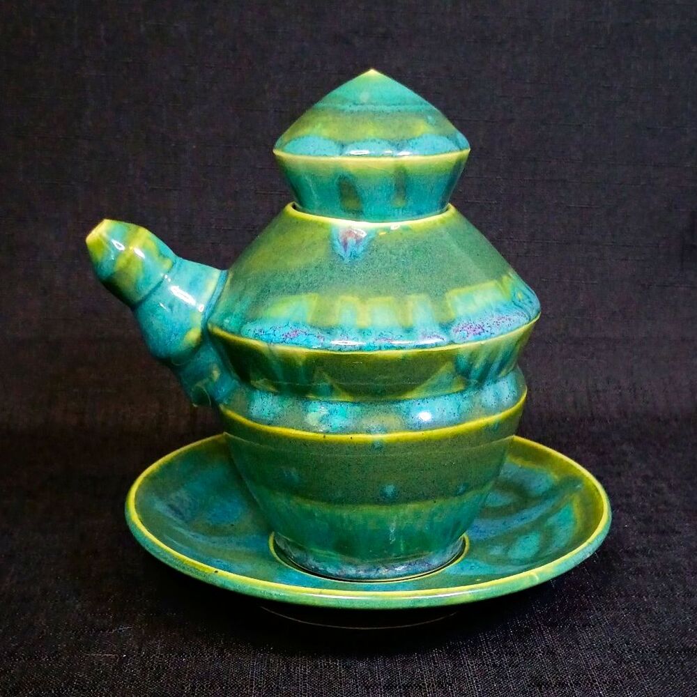 Vintage Green Blue Teal Studio Art Pottery Ceramic Lidded Single Serve Teapot